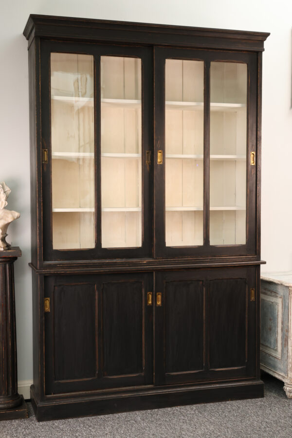 Large Ebonised Pine Library Bookcase with Sliding Glass Doors, Mid-20th Century
