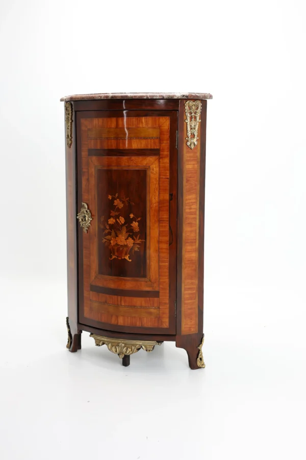 French Louis XVI Style Marquetry Corner Cabinet with Marble Top, Late 19th Century