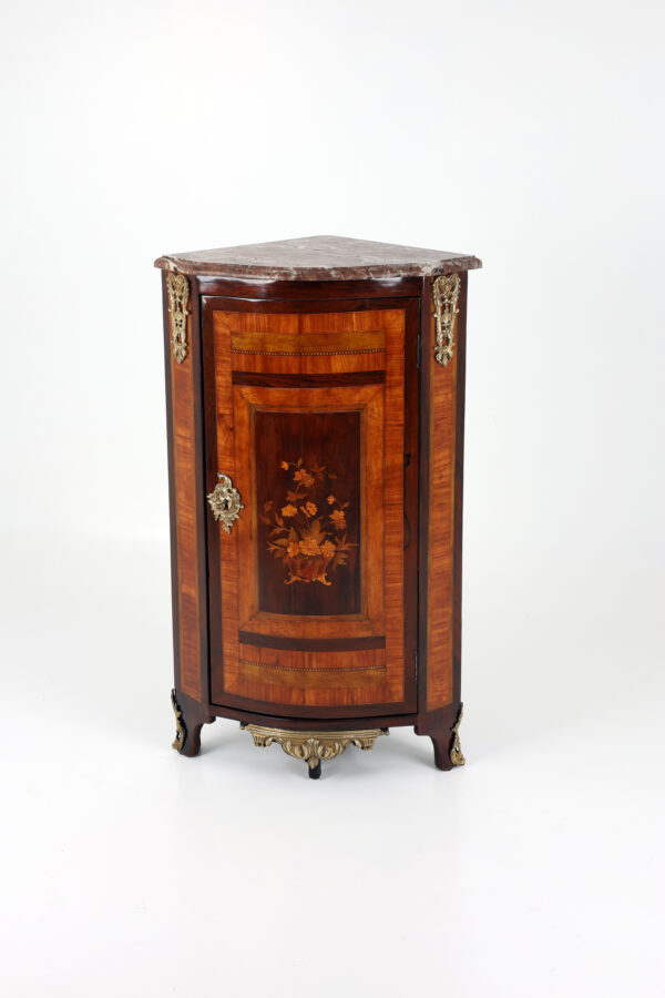 French Louis XVI Style Marquetry Corner Cabinet with Marble Top, Late 19th Century