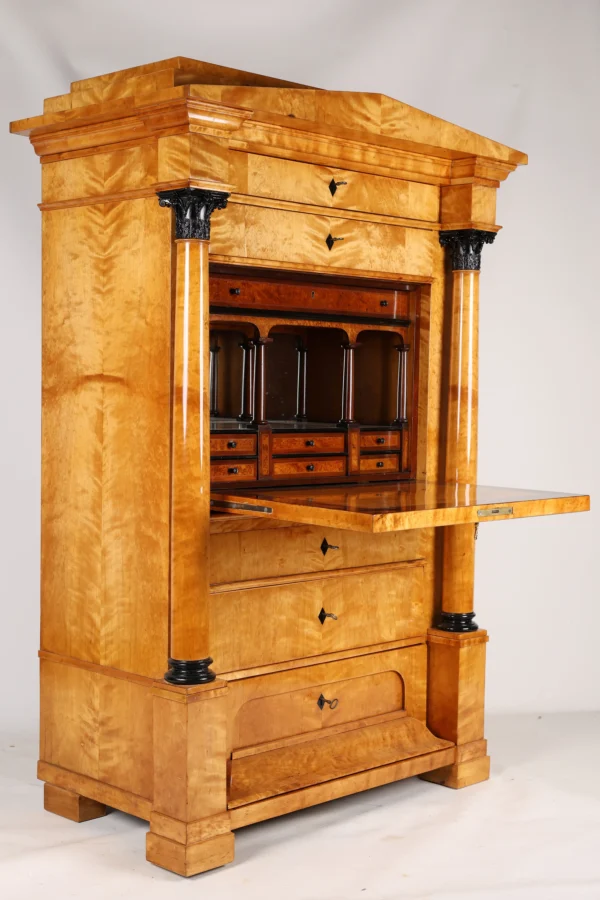 Antique Biedermeier Birch Secretary Desk with Architectural Interior, Germany, c.1825